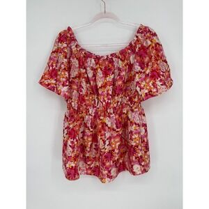 Bebonnie Women's Blouse Red Cinched Waist Floral Print Off Shoulder Top Sz L NWT